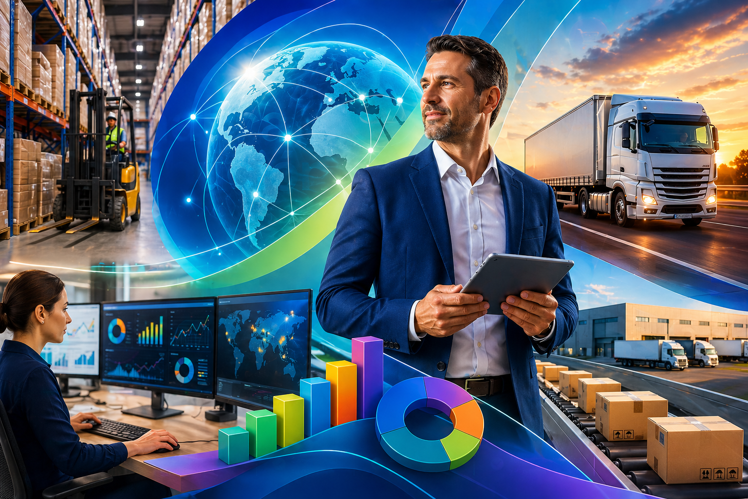 Ejecutivo de distribución revisando métricas en Acumatica ERP con cadena de suministro integrada