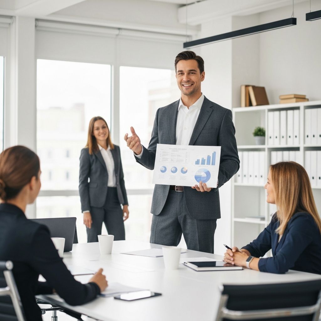 Ejecutivo en reunión con clientes en oficina corporativa moderna