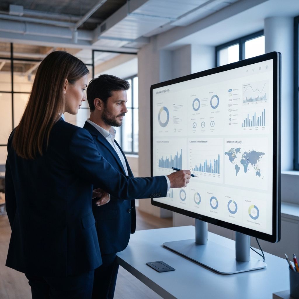 Ejecutivos revisando analíticas de marketing en pantalla digital