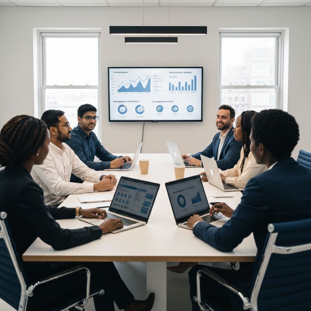 Equipo de profesionales en reunión estratégica de marketing